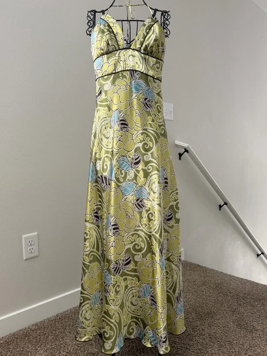 Floral Olive Satin Maxi Dress with V-Neck - Picture 1 of 4